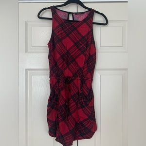 Red plaid sleeveless mini dress with pockets